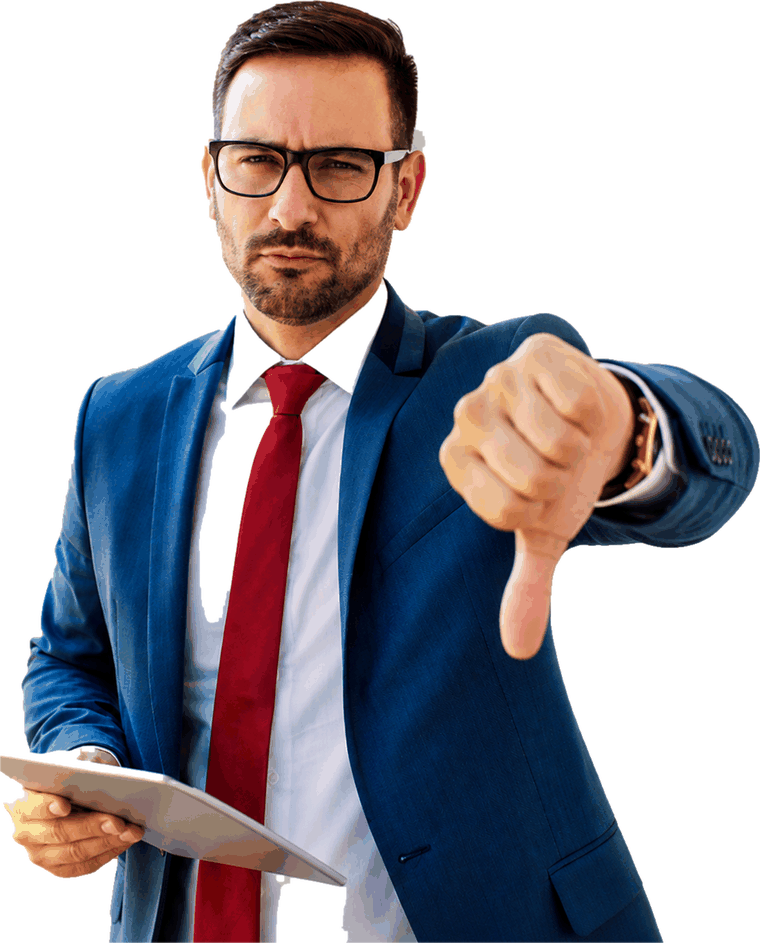 A man in a suit giving a thumbs down